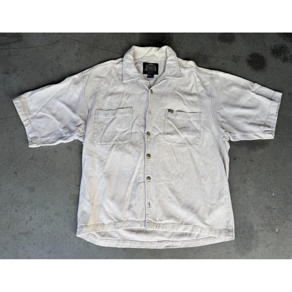 Vtg Mens Sz Large Quiksilver QSD Beige Button Up Shirt Short Sleeve - Minor Flaw